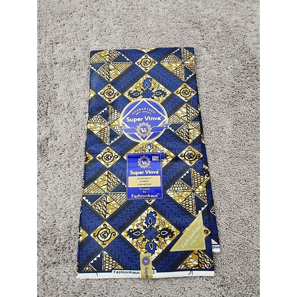 Super Vinva Wax Print Fabric Unisex 6 Yards Blue Gold New Geometric African